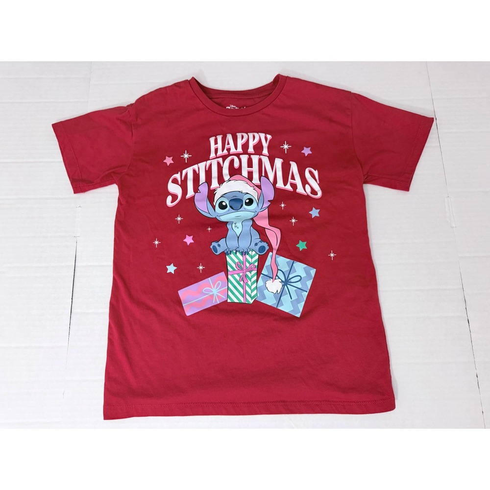 Disney Stitch Happy Stitchmas Red Christmas Graphic T-Shirt Kids Large 10/12